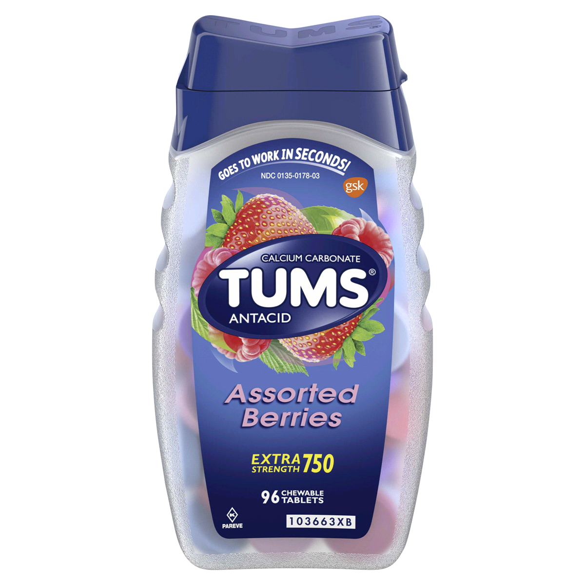 slide 1 of 8, Tums Assorted Berries Extra Strength Antacid Tablets, 96 ct