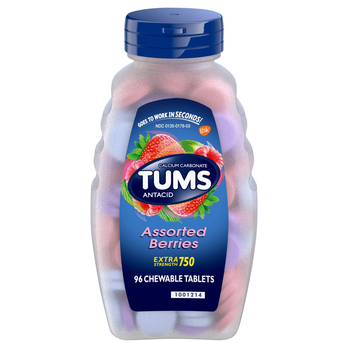 slide 1 of 1, TUMS Chewable Antacid Tablets for Extra Strength Heartburn Relief, Assorted Berries - 96 Count, 96 ct