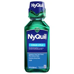 Vicks NyQuil Cold & Flu Relief Liquid Over-the-Counter Medicine, Powerful Multi-Symptom Nighttime Relief for Headache, Fever, Sore Throat, Minor Aches and Pains, Sneezing, Runny Nose, and Cough, 12 FL OZ