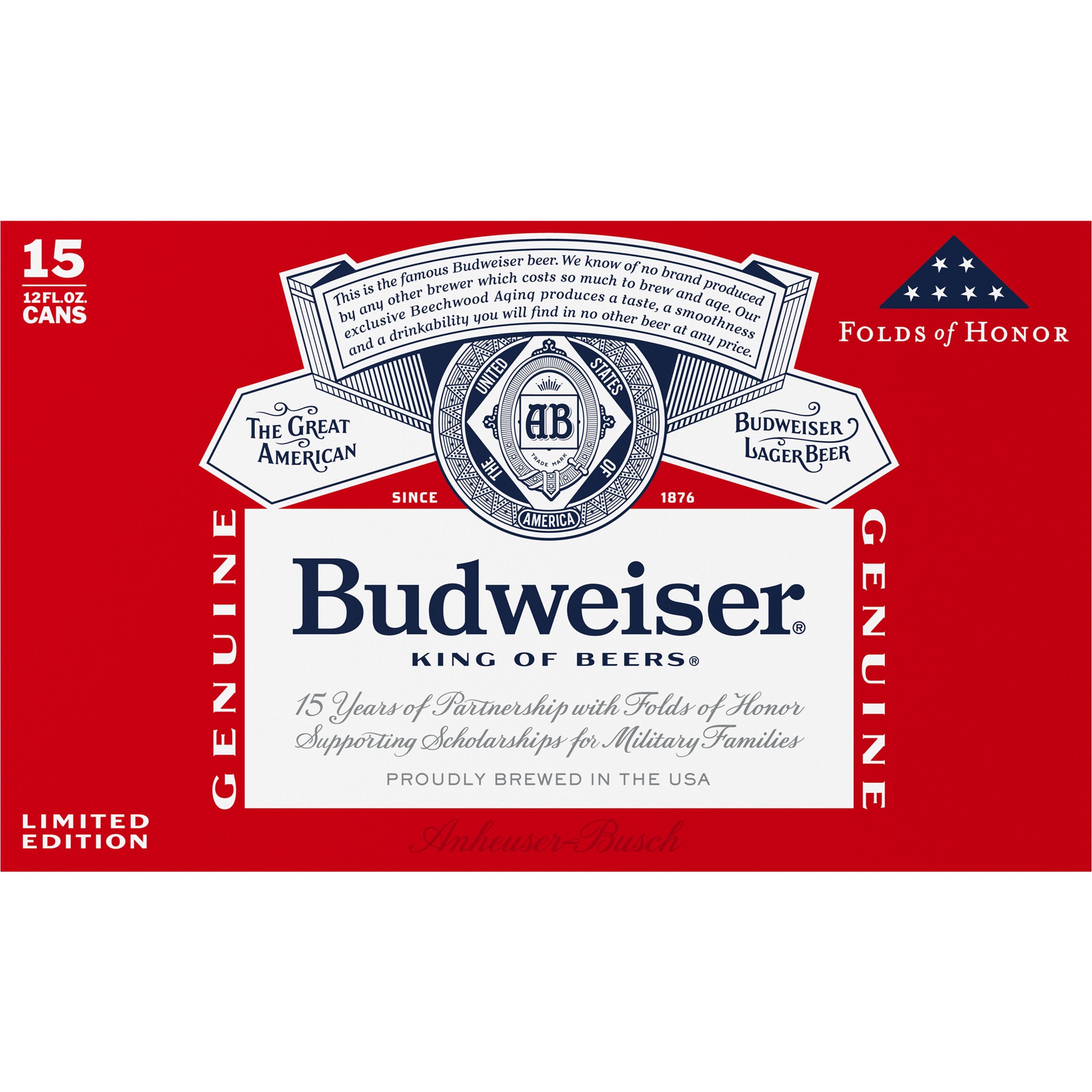 slide 2 of 2, Budweiser Folds of Honor American Lager Beer 15 Pack, 12 fl oz Cans, 15 ct; 12 oz
