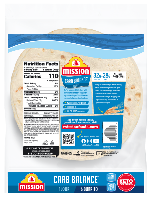 slide 2 of 5, Mission Carb Balance Super Soft Flour Tortilla Wraps 6 ea, 6 ct
