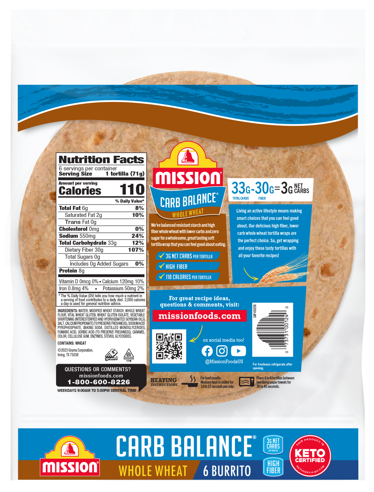 slide 2 of 2, Mission Carb Balance Super Soft Whole Wheat Burrito Tortilla Wraps 6 ea, 6 ct