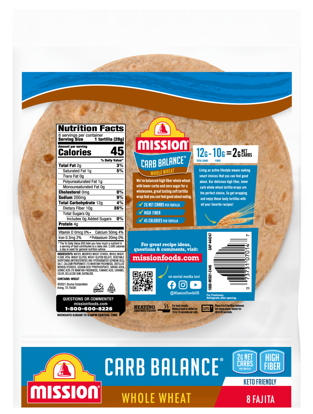 slide 2 of 2, Mission Carb Balance Whole Wheat Flour Tortillas, Fajita Size, 8 Count, 8 ct