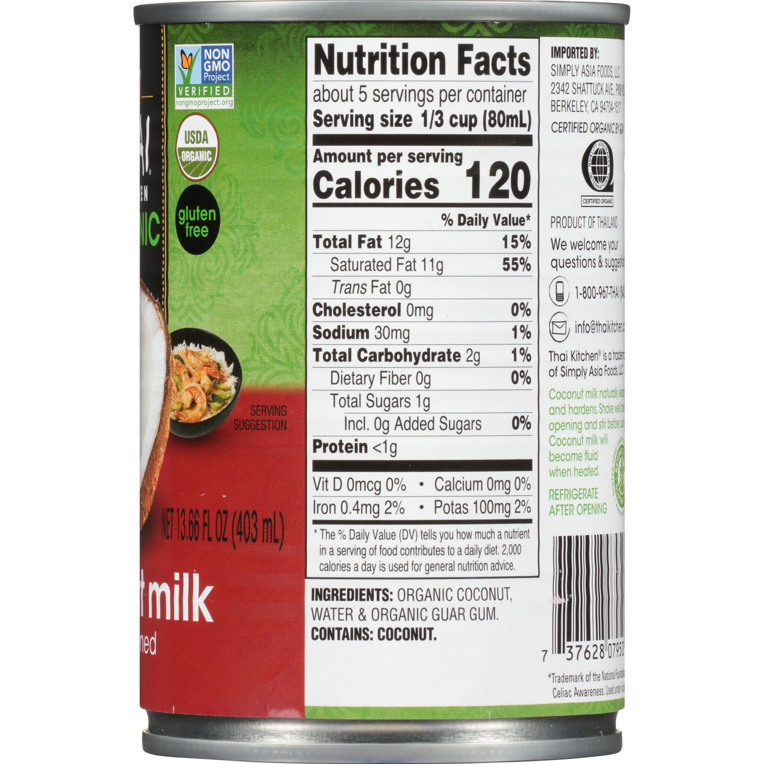 slide 5 of 6, Thai Kitchen Organic Unsweetened Coconut Milk, 13.66 fl oz