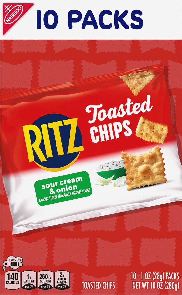 slide 8 of 14, RITZ Toasted Chips Sour Cream and Onion Crackers, 10 - 1.0 oz Snack Packs, 10 ct
