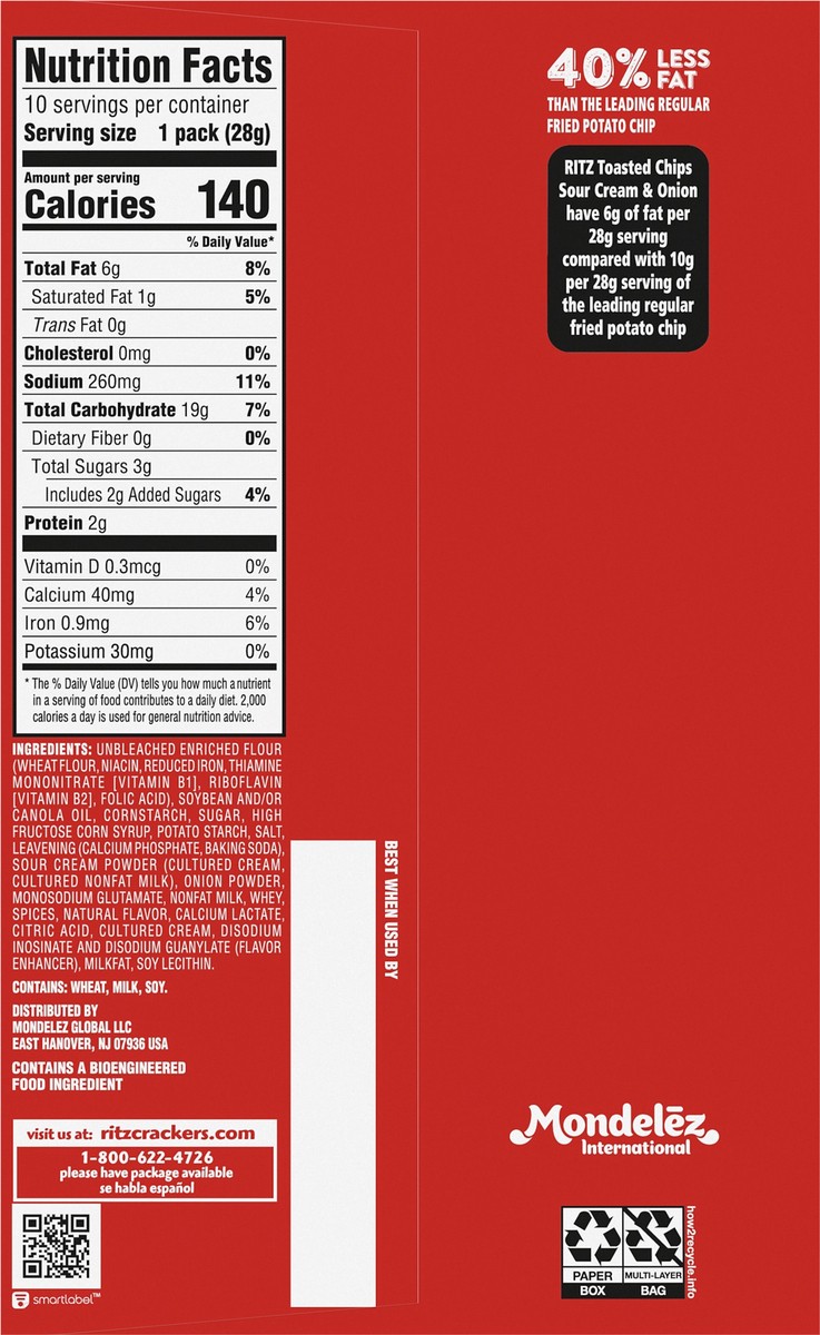 slide 4 of 14, RITZ Toasted Chips Sour Cream and Onion Crackers, 10 - 1.0 oz Snack Packs, 10 ct