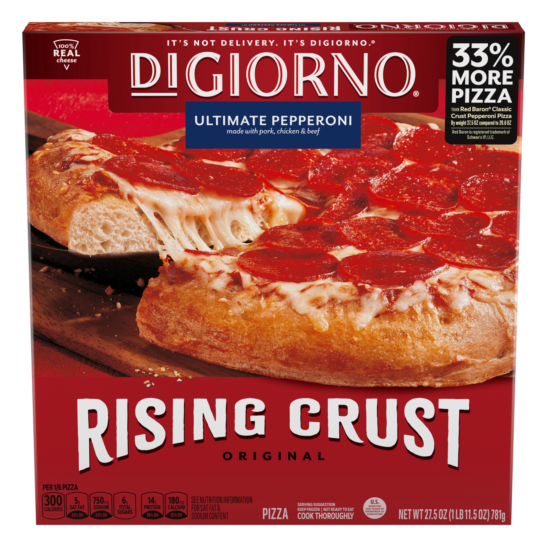 slide 1 of 13, DiGiorno Rising Crust Pepperoni Pizza (Frozen), 27.5 oz