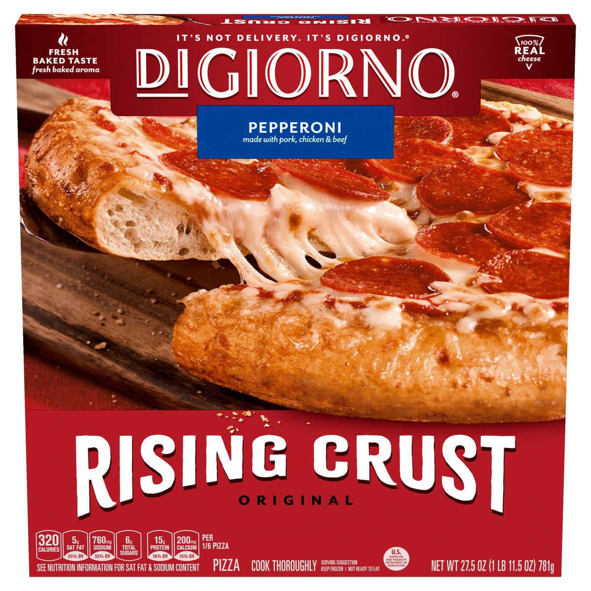 slide 1 of 13, DiGiorno Rising Crust Pepperoni Pizza (Frozen), 27.5 oz