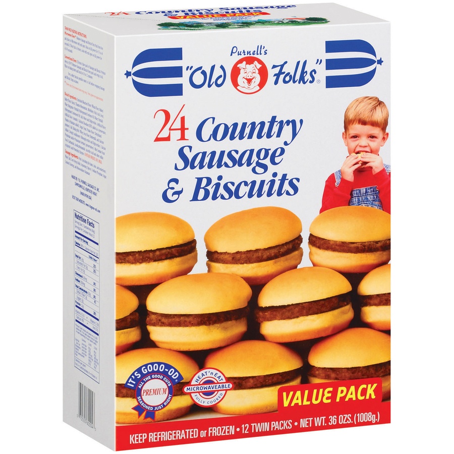 slide 2 of 8, Purnell's "Old Folks" 12 Twin Packs Country Sausage & Biscuits, 24 ct; 36 oz