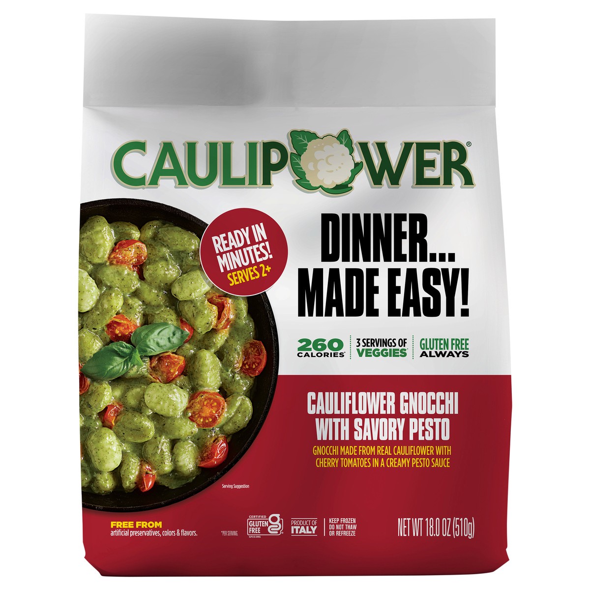 slide 1 of 10, CAULIPOWER Cauliflower Gnocchi with Savory Pesto Frozen Meal, 18 oz, 18 oz