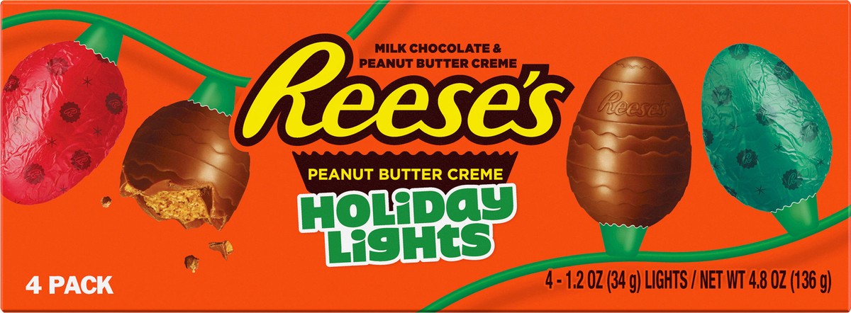 slide 2 of 3, REESE'S Milk Chocolate Peanut Butter Creme Holiday Lights, Christmas Candy Box, 4.8 oz (4 Pieces), 4 ct