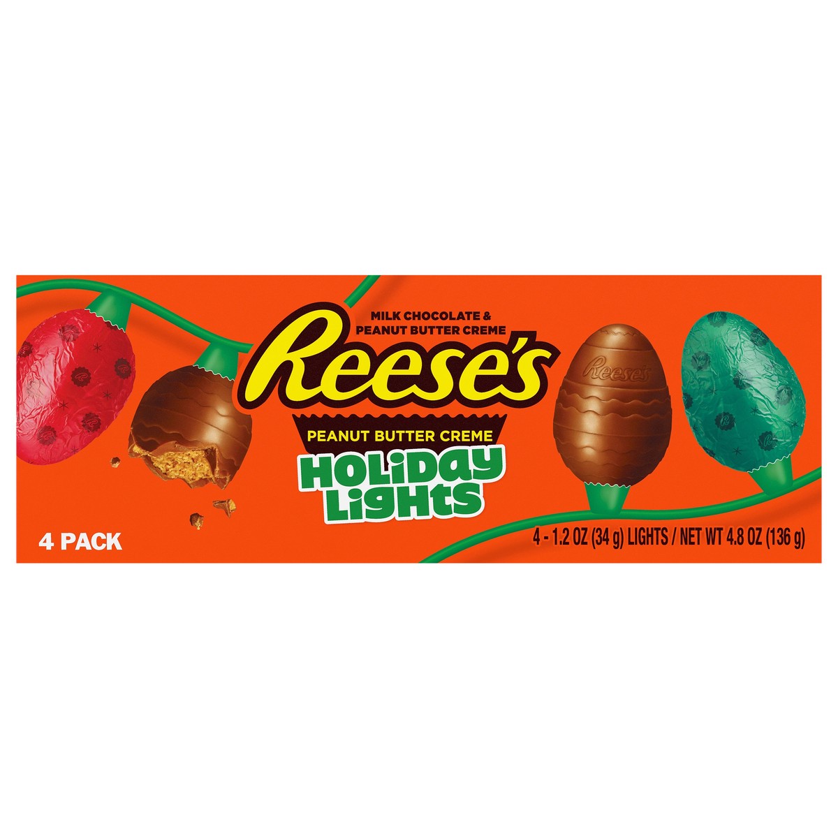 slide 1 of 3, REESE'S Milk Chocolate Peanut Butter Creme Holiday Lights, Christmas Candy Box, 4.8 oz (4 Pieces), 4 ct