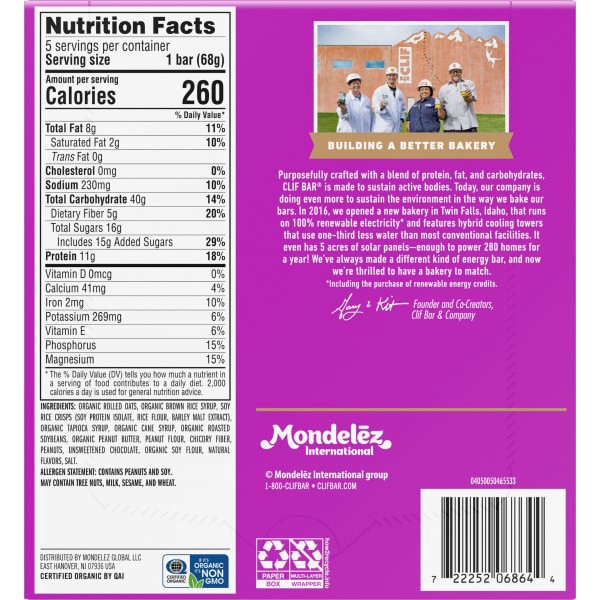 slide 5 of 13, CLIF BAR - Chocolate Chip Peanut Crunch - Made with Organic Oats - Energy Bars - Non-GMO - Plant Based Protein Bars (5 Pack), 12 oz