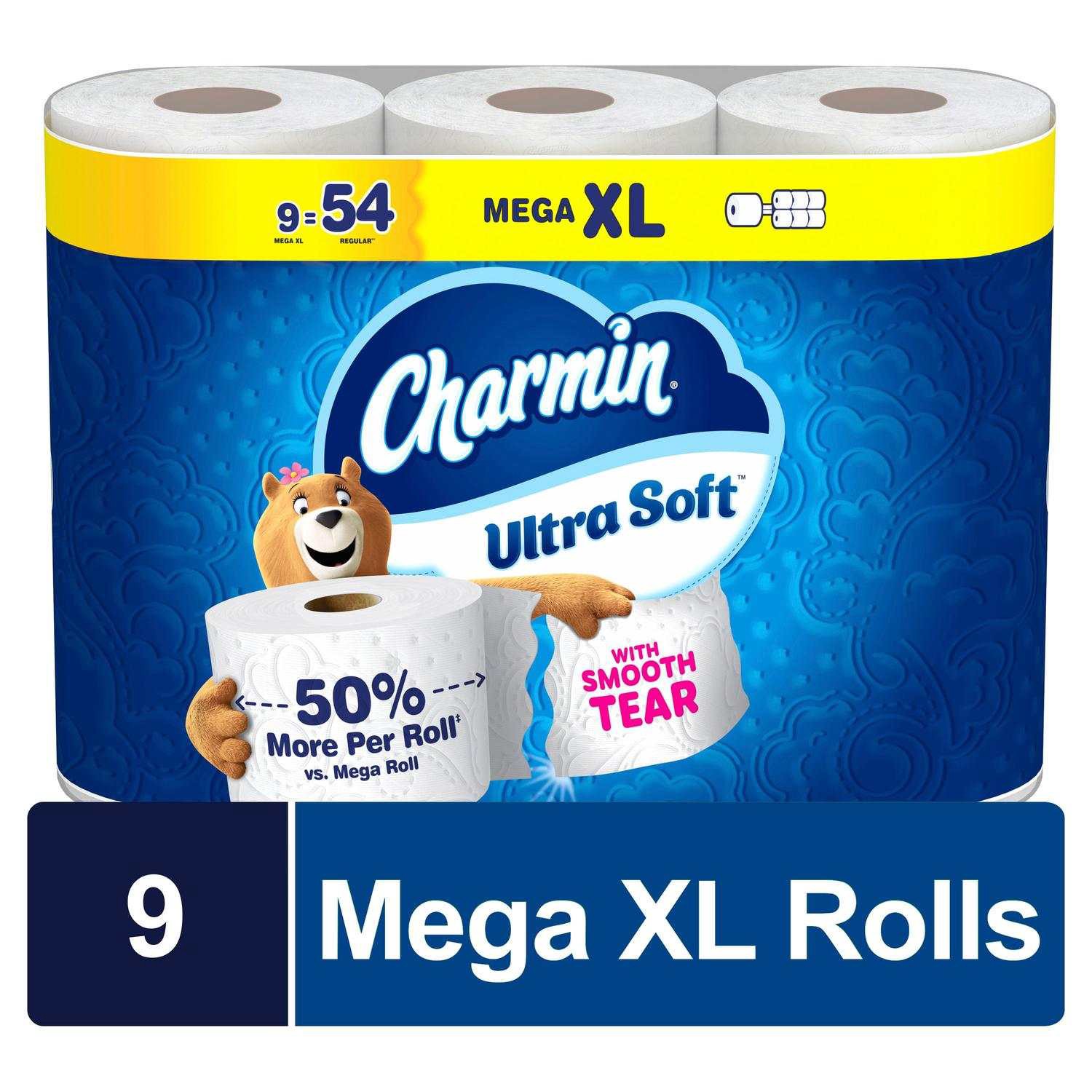 slide 1 of 6, Charmin Ultra Soft with Smooth Tear Mega XL 9 -Pack 2-ply Toilet Paper, 1 ct