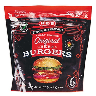 slide 1 of 1, H-E-B Select Ingredients Fully Cooked Original Beef Burgers, 6 ct