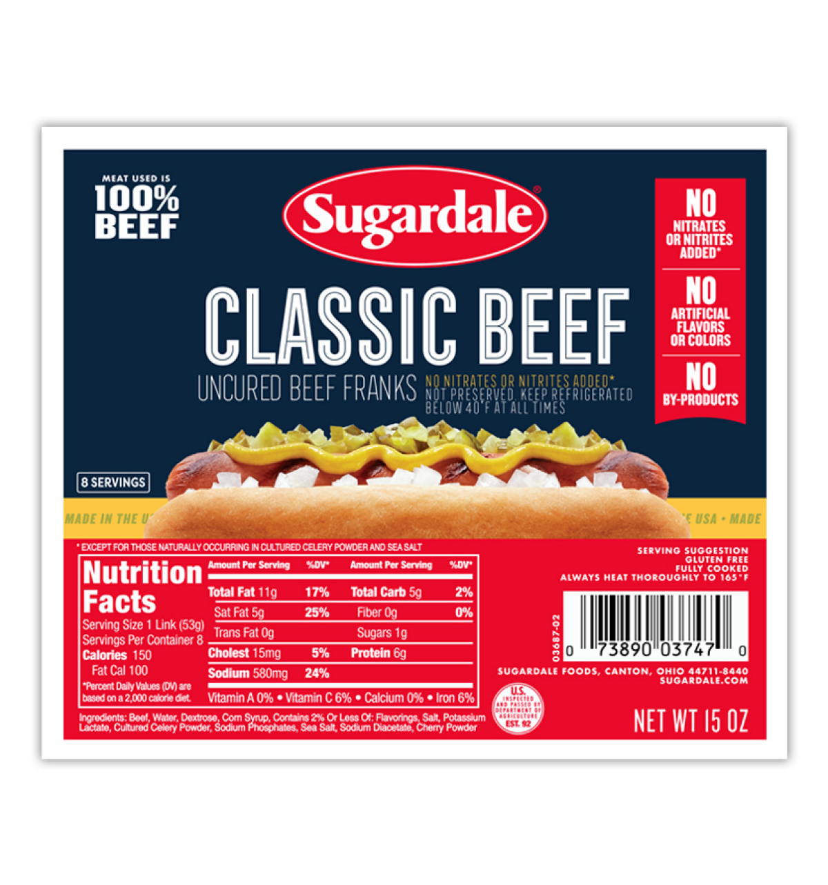 slide 1 of 1, Sugardale Uncured Beef Hot dogs, 14 oz., 14 oz