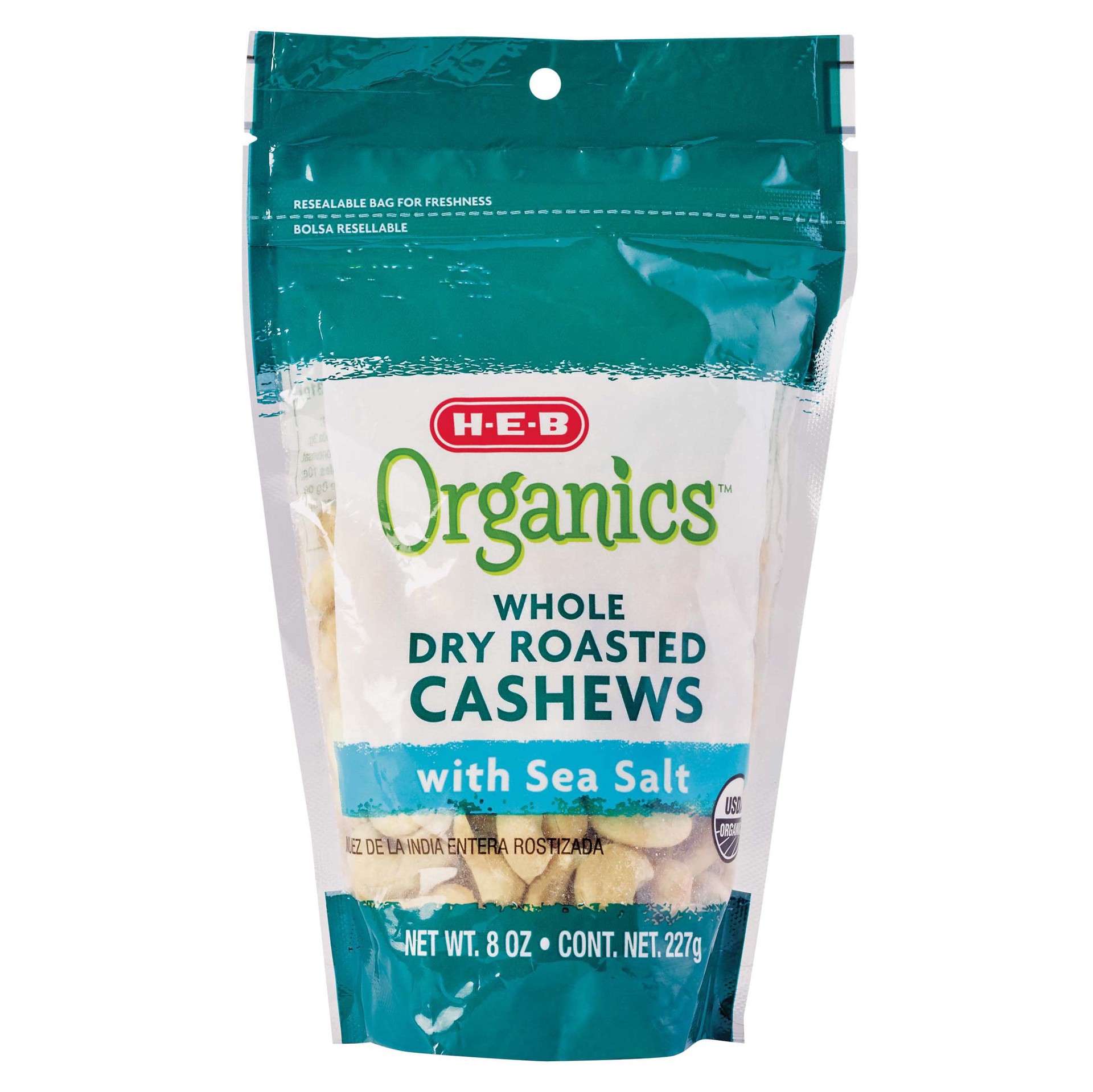 slide 1 of 1, H-E-B Organics Whole Dry Roasted Cashews with Sea Salt, 8 oz