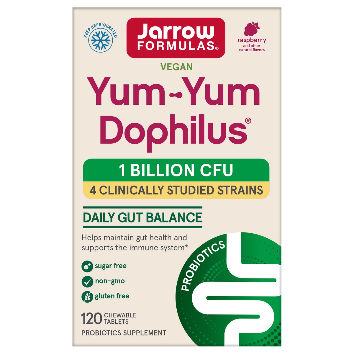 slide 1 of 4, Jarrow Formulas Yum-Yum Dophilus, Natural Raspberry Flavored Probiotic Supplement - 1 Billion CFU Per Serving - 120 Chewable Tablets - Intestinal & Immune Health - For Kids & Adults, 120 ct