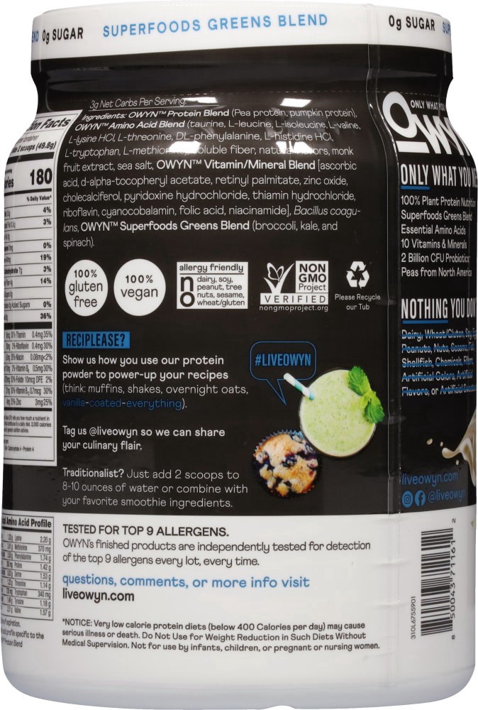 slide 3 of 4, OWYN Elite Pro Zero Sugar Vanilla Plant Protein 1.32 lb, 1.32 lb