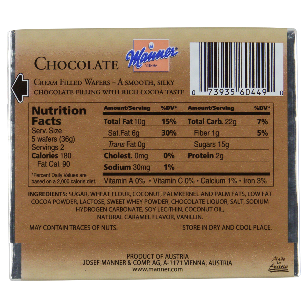 slide 2 of 2, Manner Chocolate Cream Filled Wafers, 2.11 oz