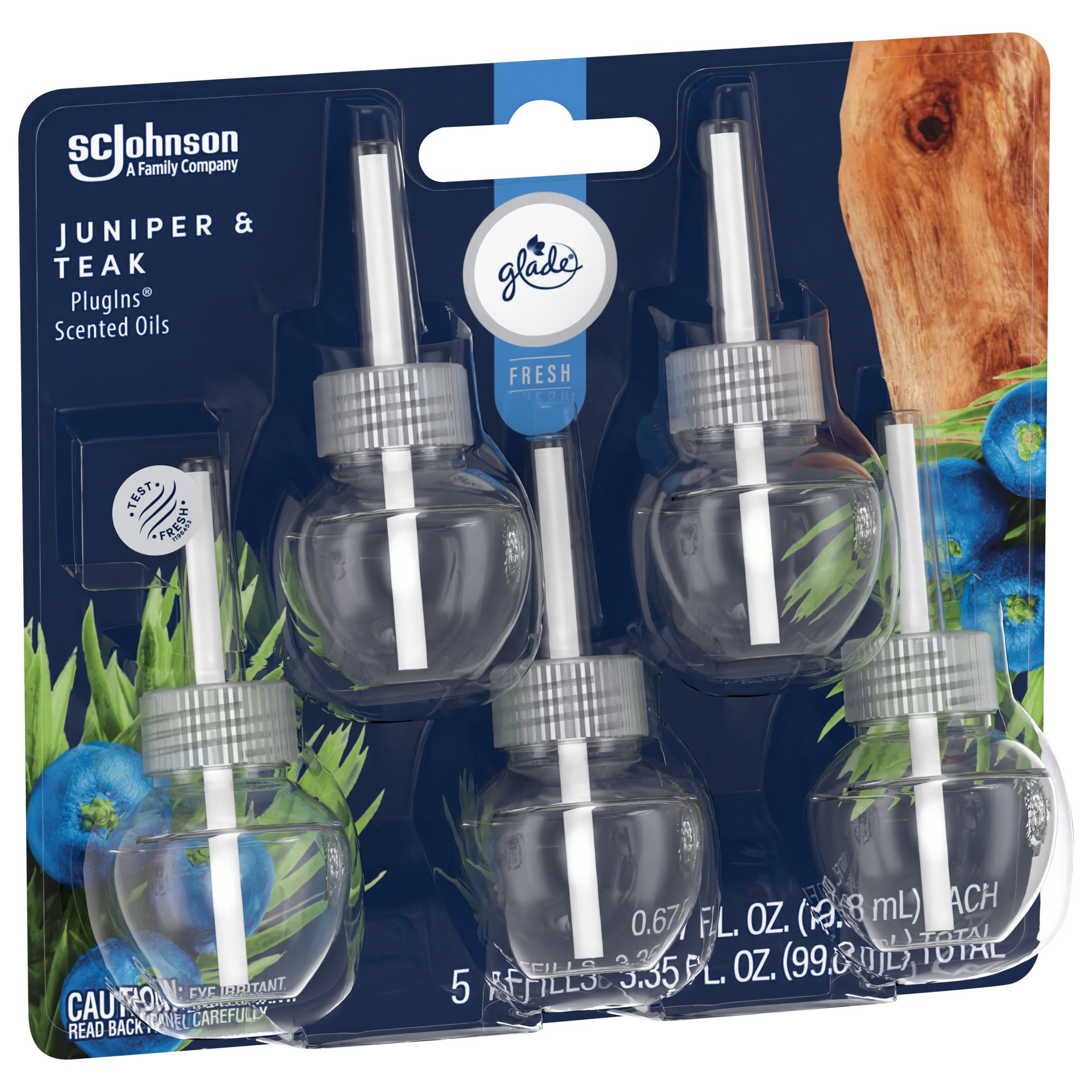 slide 2 of 4, Glade PlugIns Fresh Juniper Teak Scented Oil Refills 5 - 0.67 fl oz Refills, 3.35 fl oz