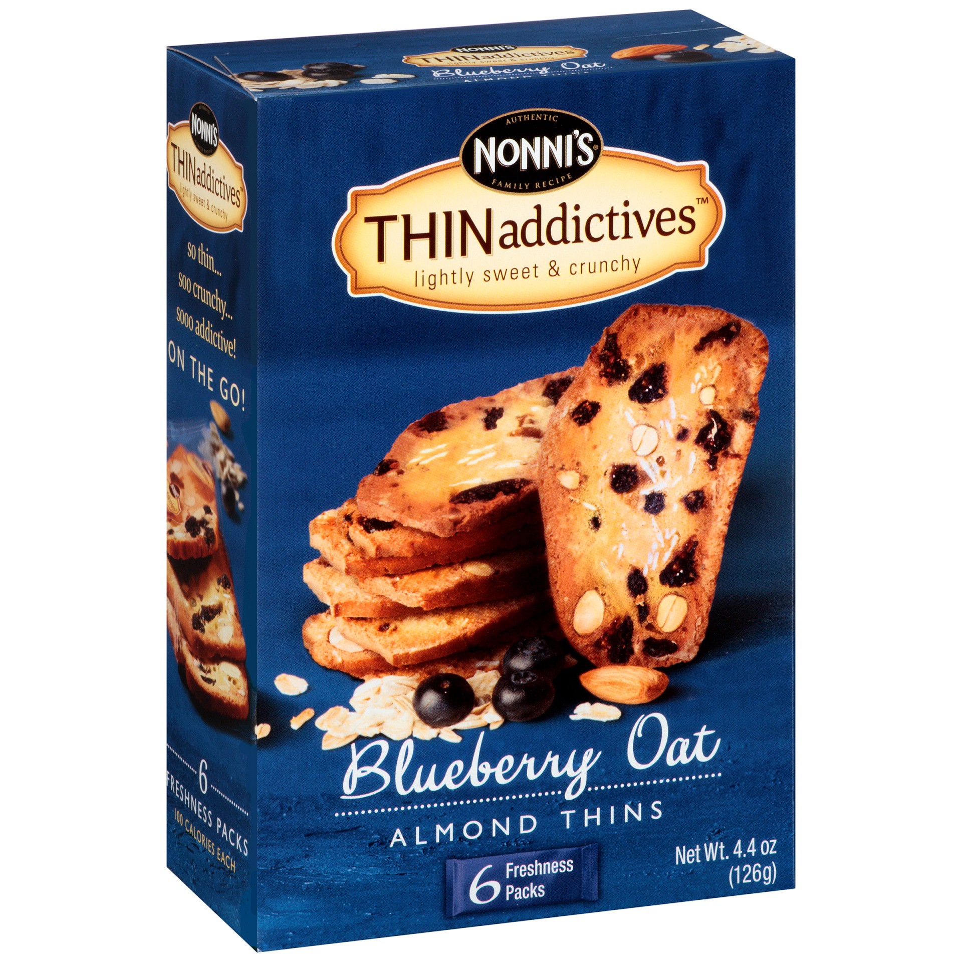 slide 1 of 4, Nonni's Thin Addictives Blueberry Oat Almond Thins, 4.4 oz