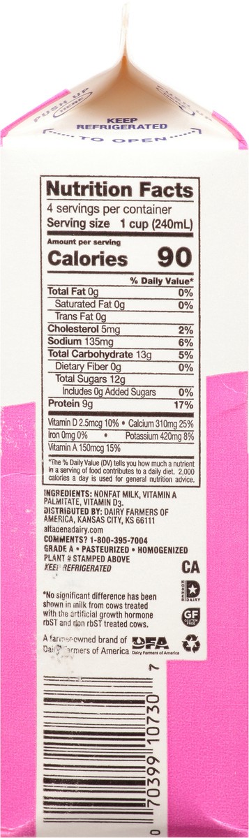 slide 8 of 12, Alta Dena Fat Free Milk 1 qt Carton, 1 qt