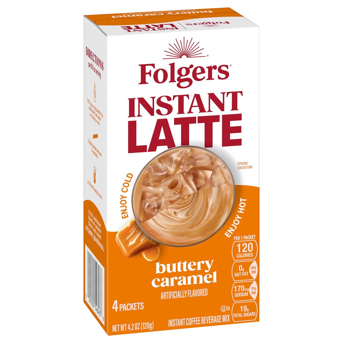 slide 2 of 11, Folgers Buttery Caramel Instant Latte Packets, Artificially Flavored Instant Coffee Beverage Mix, 4 Count, 4.2 oz