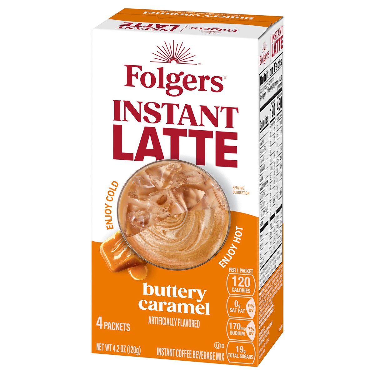 slide 8 of 11, Folgers Buttery Caramel Instant Latte Packets, Artificially Flavored Instant Coffee Beverage Mix, 4 Count, 4.2 oz