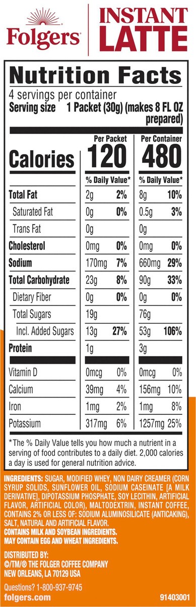 slide 5 of 11, Folgers Buttery Caramel Instant Latte Packets, Artificially Flavored Instant Coffee Beverage Mix, 4 Count, 4.2 oz