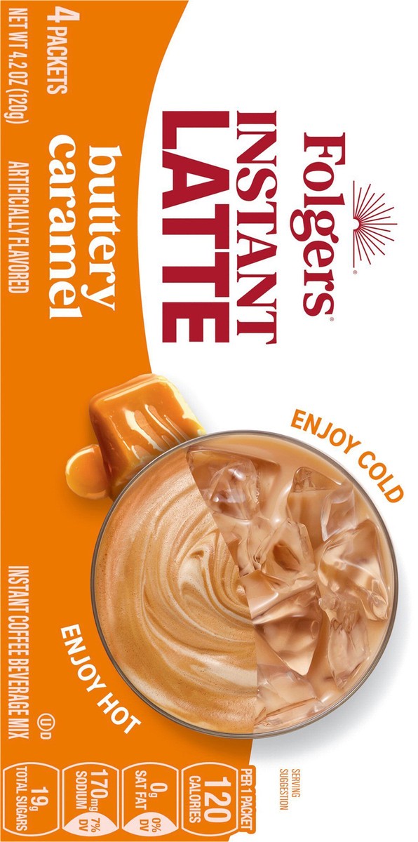 slide 4 of 11, Folgers Buttery Caramel Instant Latte Packets, Artificially Flavored Instant Coffee Beverage Mix, 4 Count, 4.2 oz