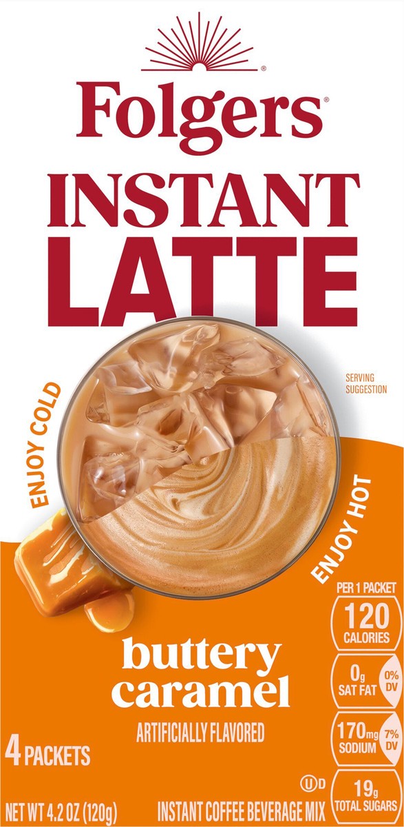 slide 7 of 11, Folgers Buttery Caramel Instant Latte Packets, Artificially Flavored Instant Coffee Beverage Mix, 4 Count, 4.2 oz