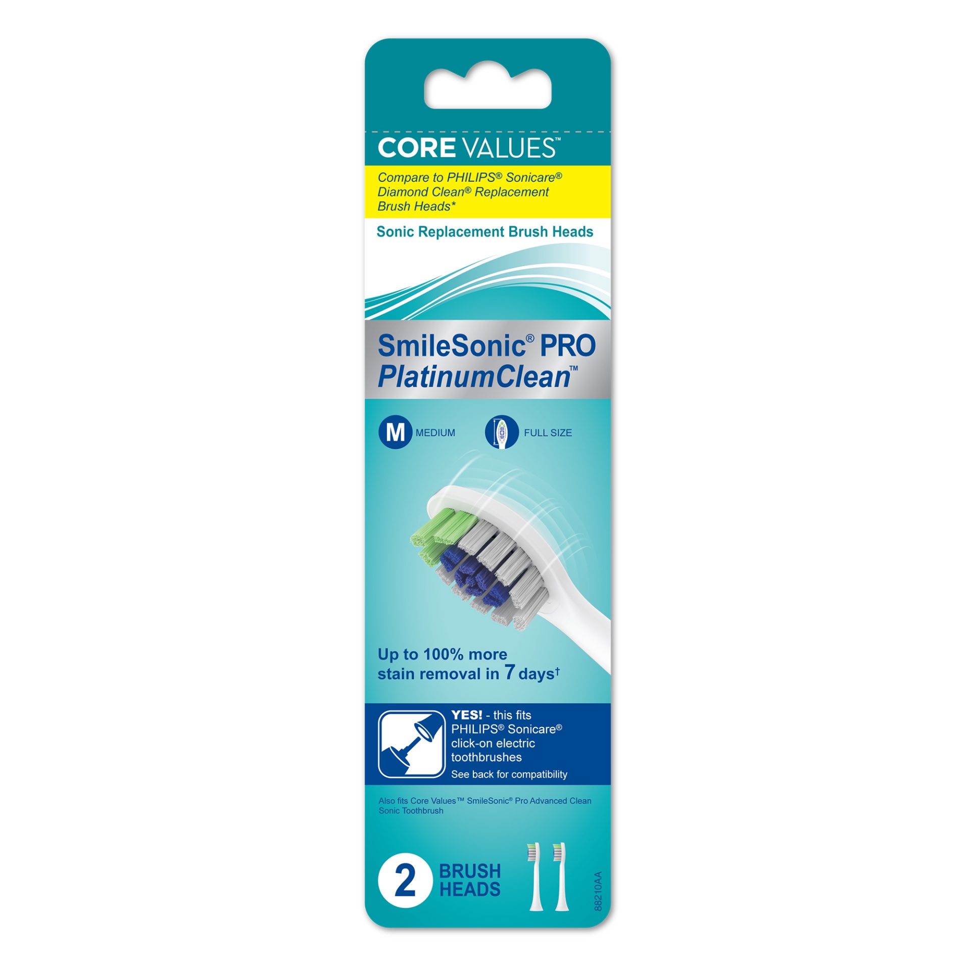 slide 1 of 1, Core Values Smilesonic Pro Platinum Clean Replacement Brush Heads, 2 ct