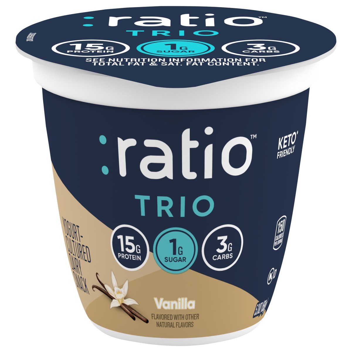 slide 1 of 11, :ratio Trio Yogurt Cultured Dairy Snack, Vanilla, 1g Sugar, Keto Yogurt Alternative, 5.3 oz, 5.3 oz