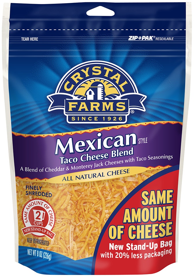 slide 1 of 1, Crystal Farms Finely Shredded Mexican Style Taco Blend Cheese, 8 oz