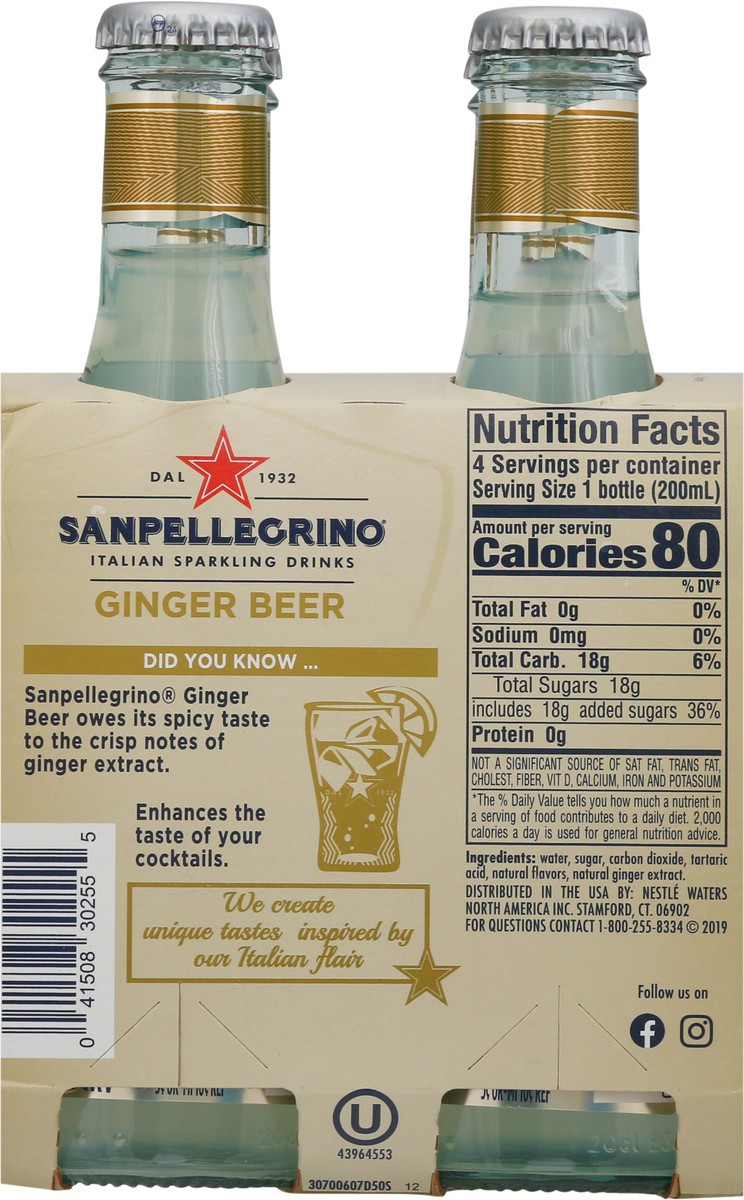 slide 5 of 9, San Pellegrino Italian Sparkling Drink Ginger Beer, 4 Pack of 6.75 Fl Oz Glass Bottles, 27 oz