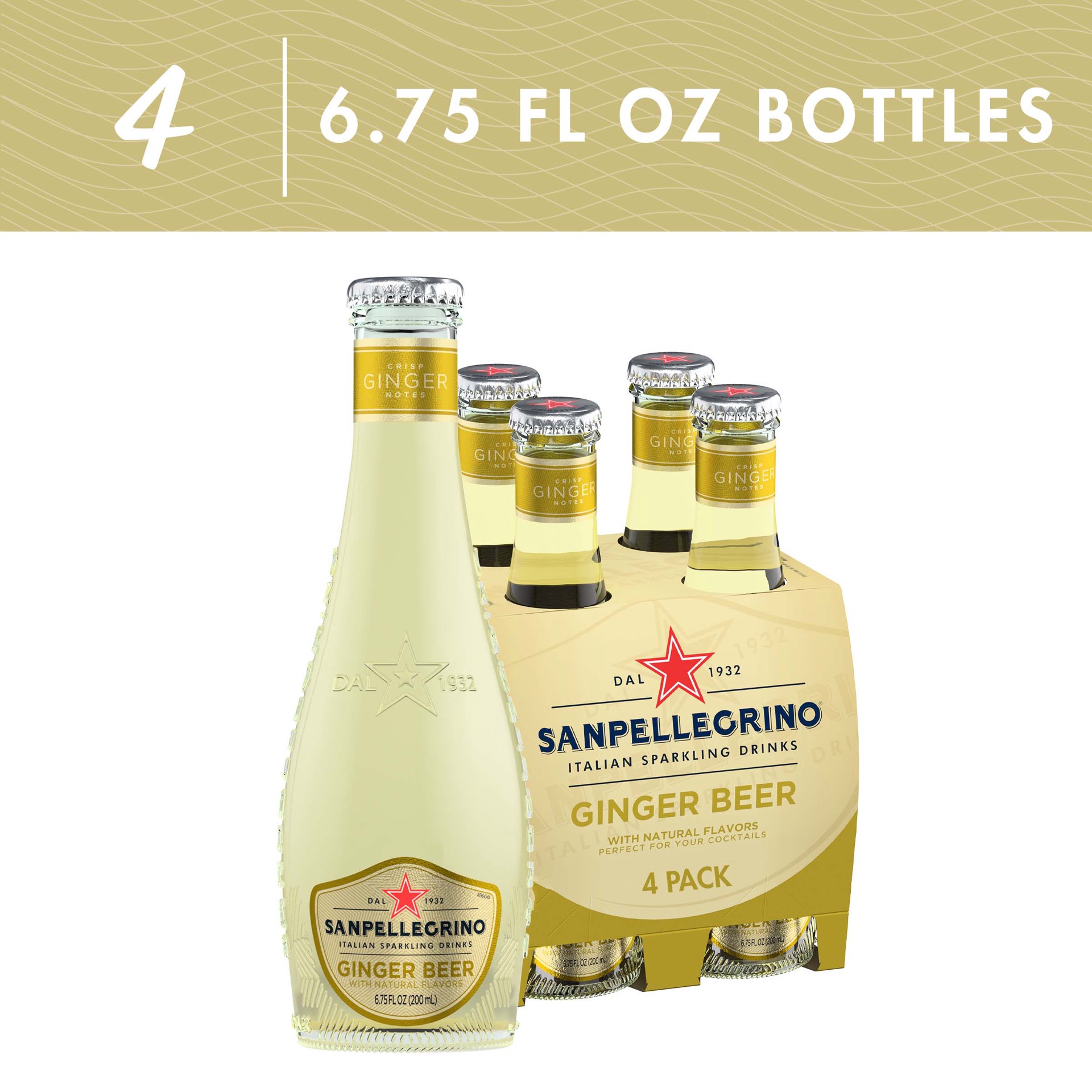 slide 1 of 9, San Pellegrino Italian Sparkling Drink Ginger Beer, 4 Pack of 6.75 Fl Oz Glass Bottles, 27 oz