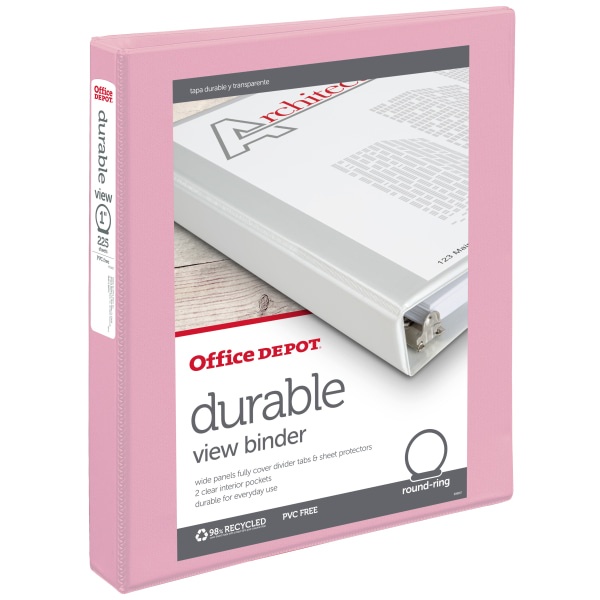 slide 1 of 1, Office Depot Brand Durable View Round-Ring Binder, 1'' Rings, Pink, 1 ct