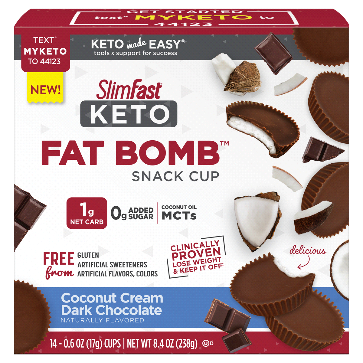 slide 1 of 1, SlimFast Snack Cup, Keto, Coconut Cream Dark Chocolate, 14 ct