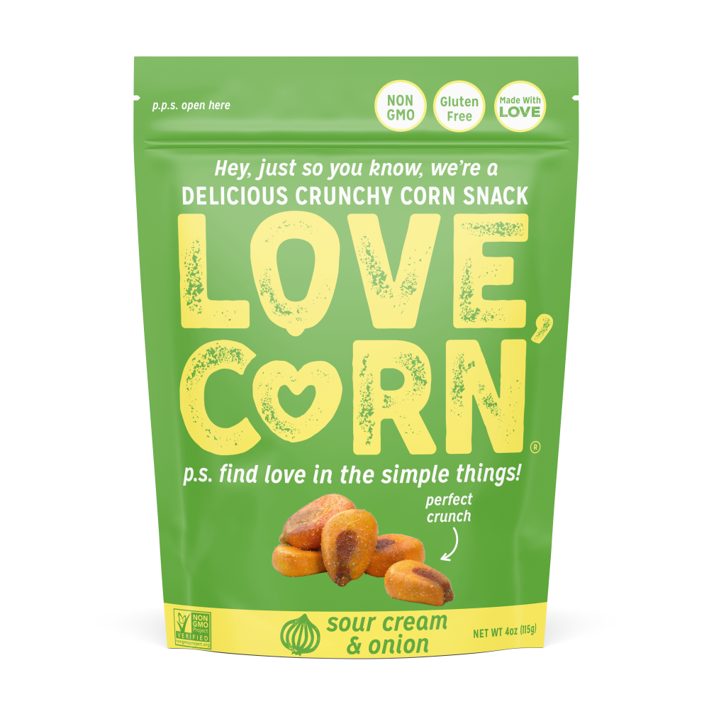 slide 1 of 1, LOVE CORN Sour Cream & Onion 4oz, 4 oz