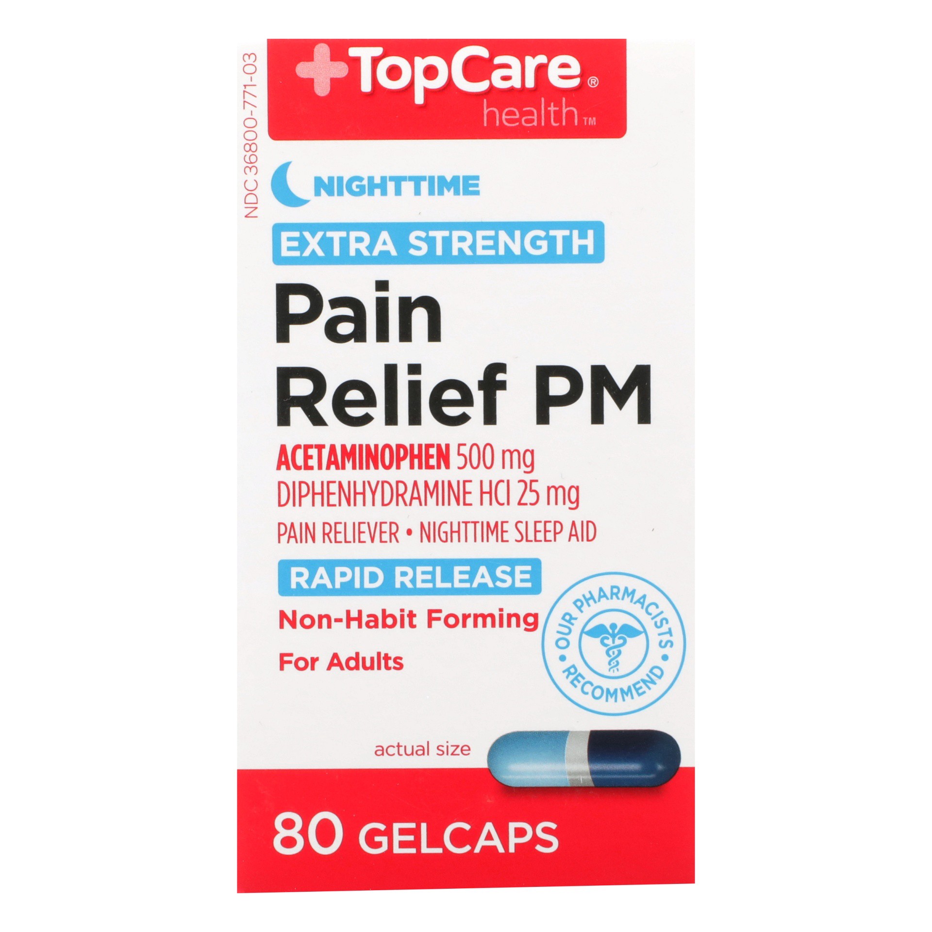 slide 1 of 6, TopCare Pain Relief PM, 80 ct