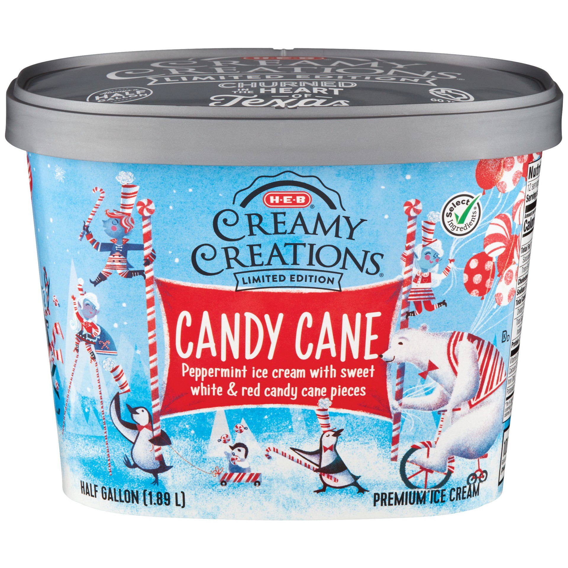 slide 1 of 1, H-E-B Select Ingredients Creamy Creations Candy Cane Limited Edition Ice Cream, 1/2 gal