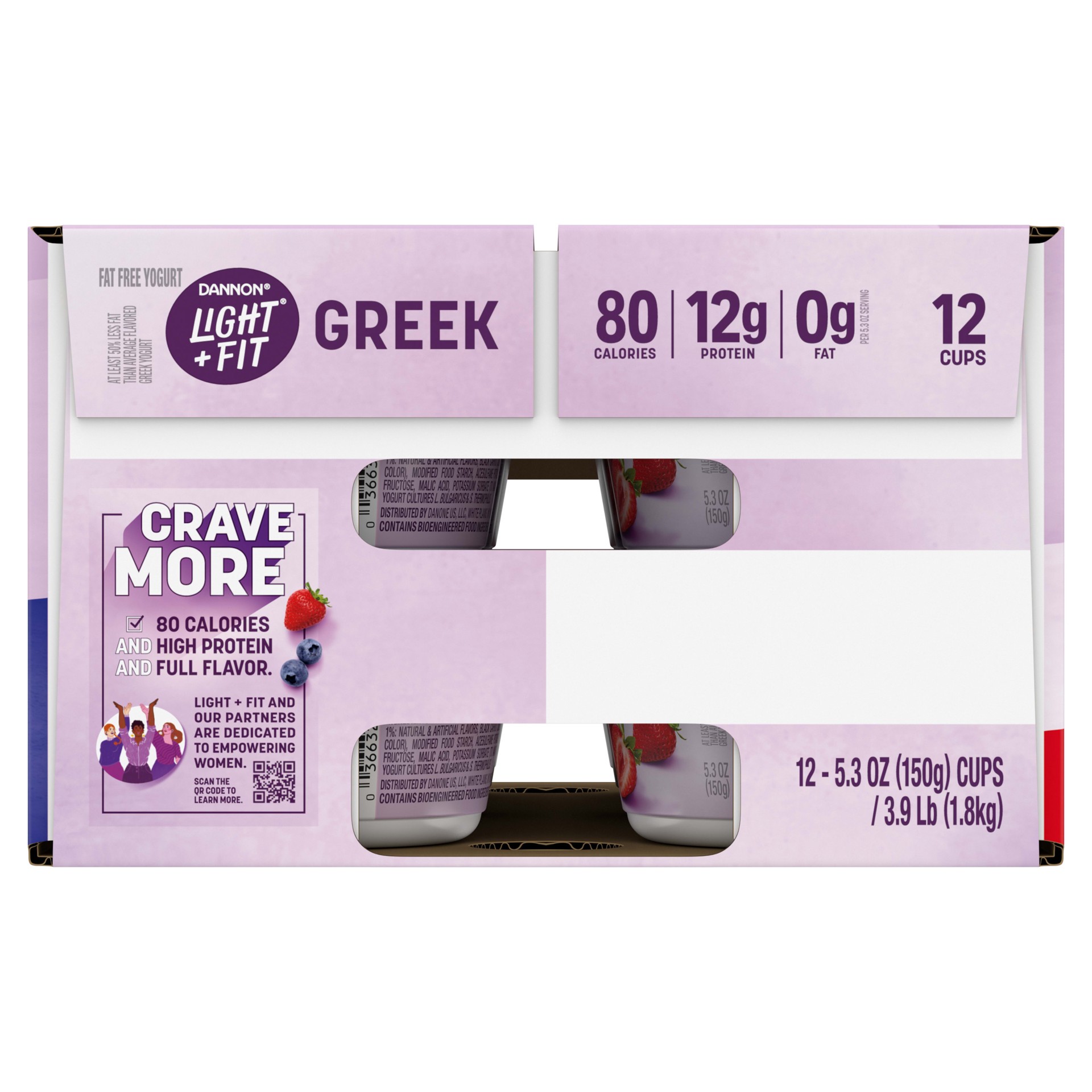 slide 3 of 5, Light + Fit Dannon Light + Fit Strawberry and Blueberry Greek Fat Free Yogurt, Creamy and Delicious Gluten Free Yogurt, 12 Ct, 5.3 OZ Yogurt Cups, 5.3 oz