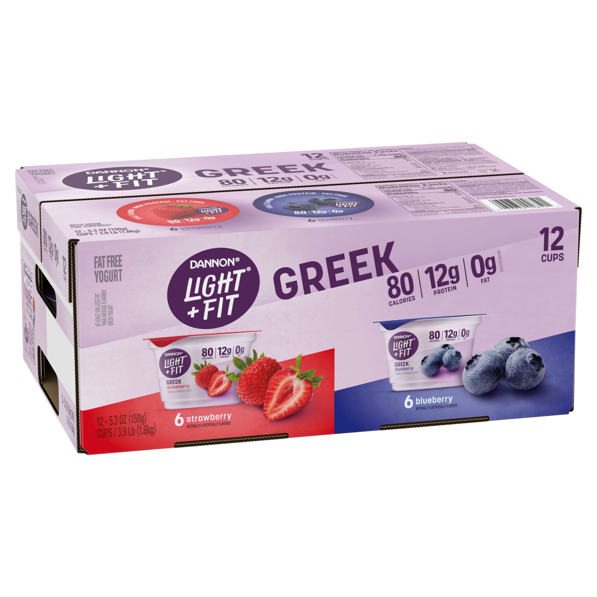 slide 2 of 5, Light + Fit Dannon Light + Fit Strawberry and Blueberry Greek Fat Free Yogurt, Creamy and Delicious Gluten Free Yogurt, 12 Ct, 5.3 OZ Yogurt Cups, 5.3 oz