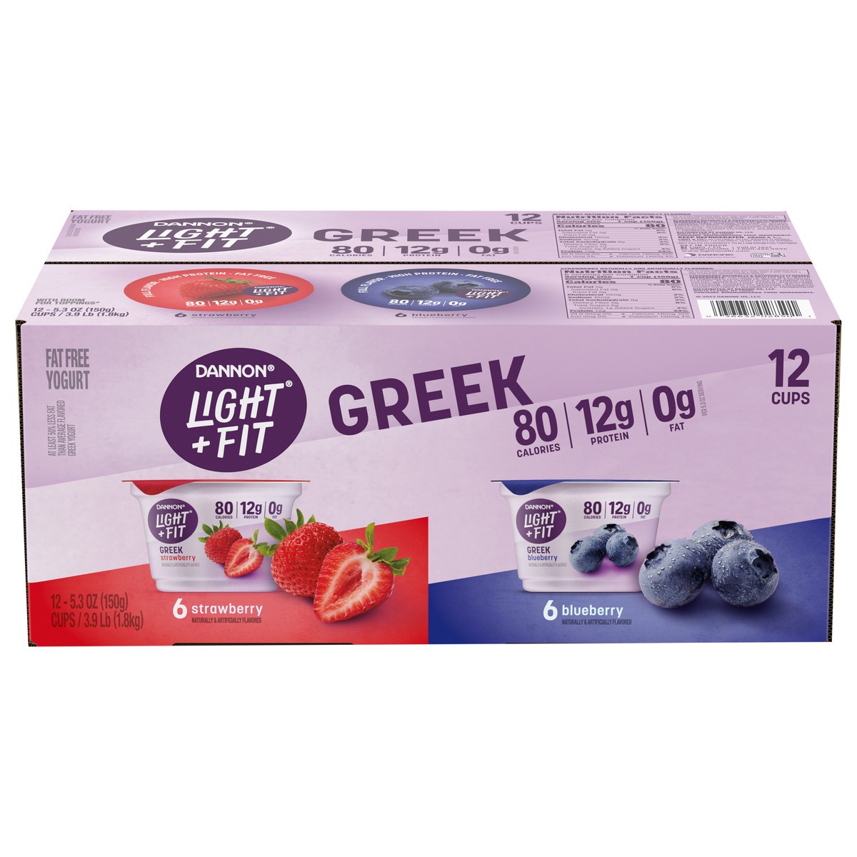 slide 1 of 5, Light + Fit Dannon Light + Fit Strawberry and Blueberry Greek Fat Free Yogurt, Creamy and Delicious Gluten Free Yogurt, 12 Ct, 5.3 OZ Yogurt Cups, 5.3 oz