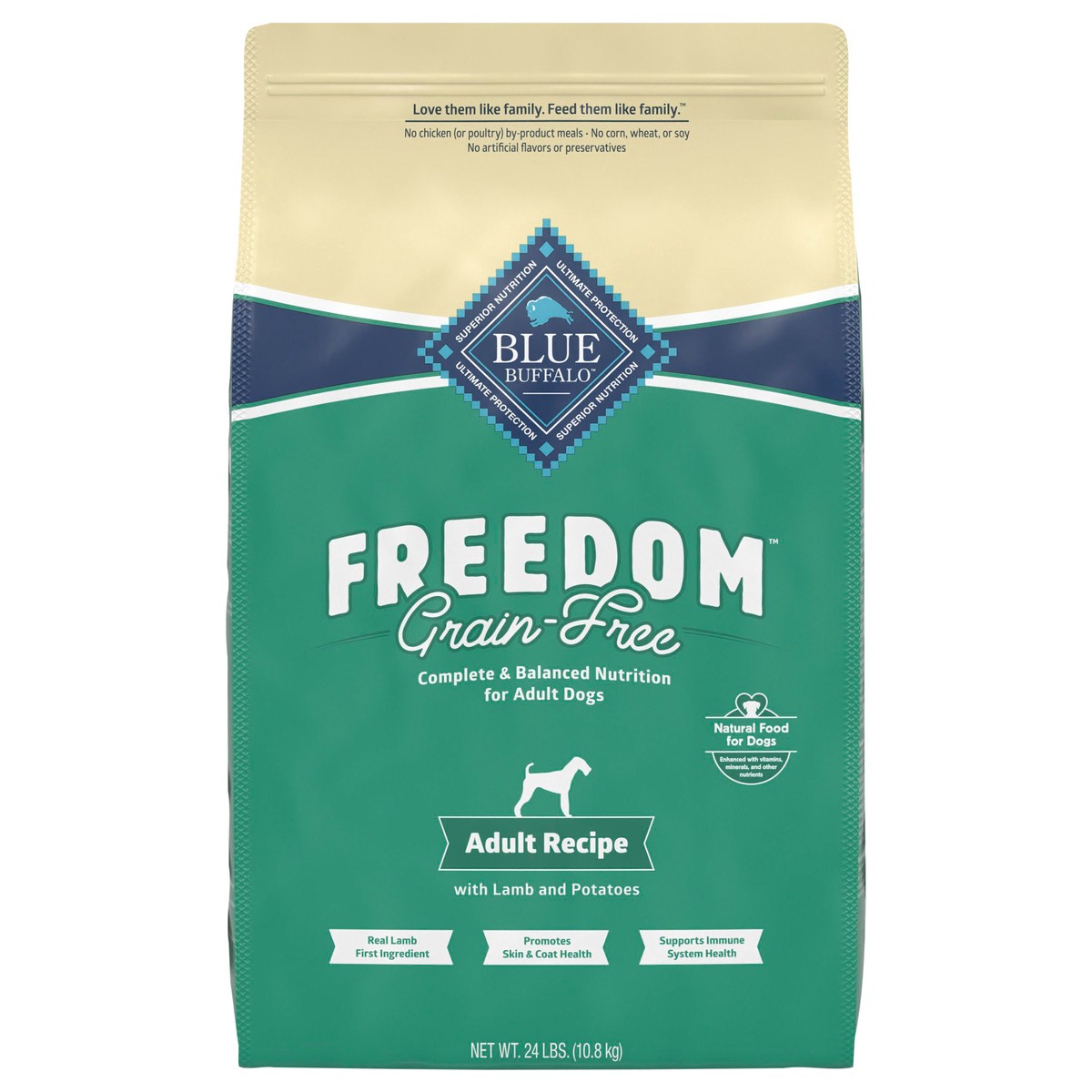 slide 1 of 6, Blue Buffalo Freedom Grain-Free Dry Dog Food, Complete & Balanced Nutrition for Adult Dogs, Made in the USA With Natural Ingredients, Lamb & Potatoes, 24-lb Bag, 24 lb