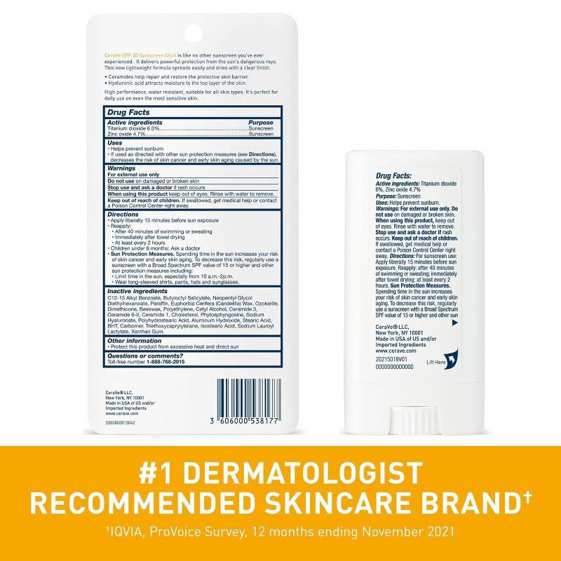 slide 5 of 10, CeraVe 100% Mineral Sunscreen Stick for Face and Body - SPF 50 - 0.47oz, 50 x 0.47 oz