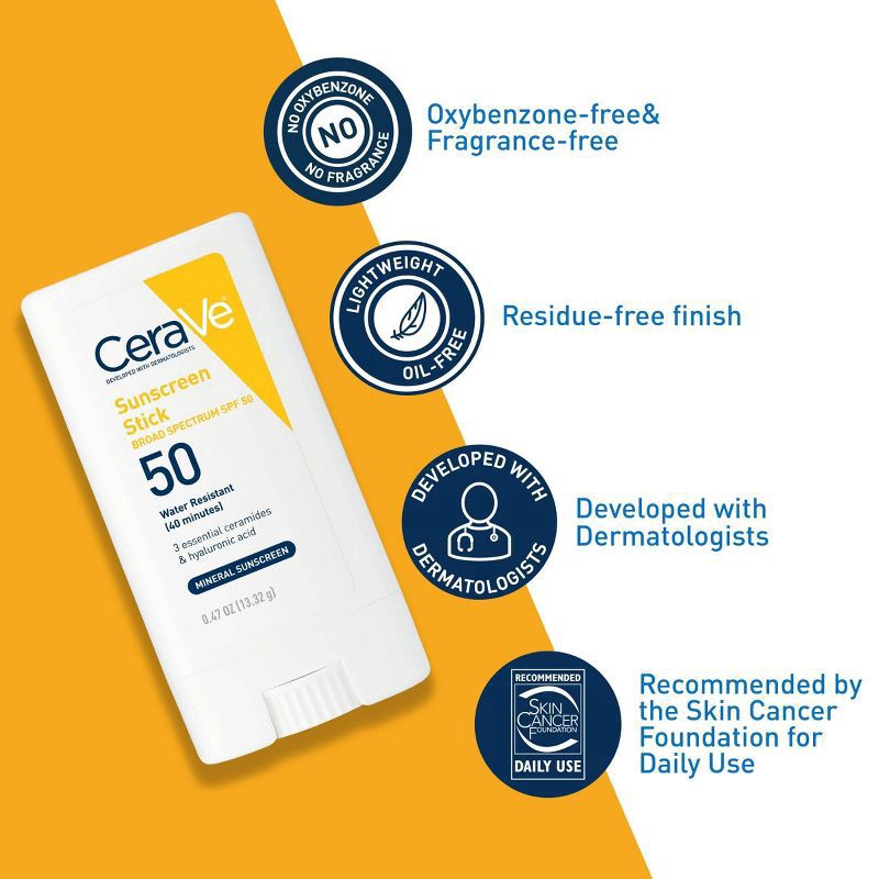 slide 6 of 10, CeraVe 100% Mineral Sunscreen Stick for Face and Body - SPF 50 - 0.47oz, 50 x 0.47 oz