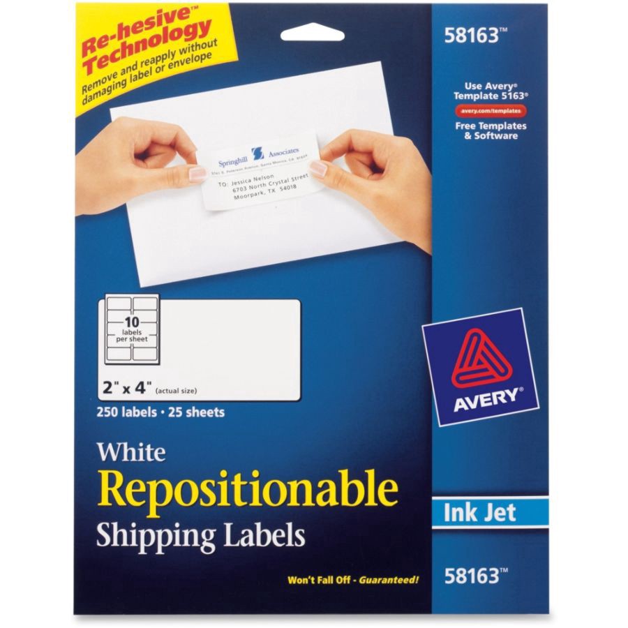 slide 3 of 8, Avery Repositionable Inkjet Shipping Labels, 58163, White, 250 ct; 2 in x 4 in