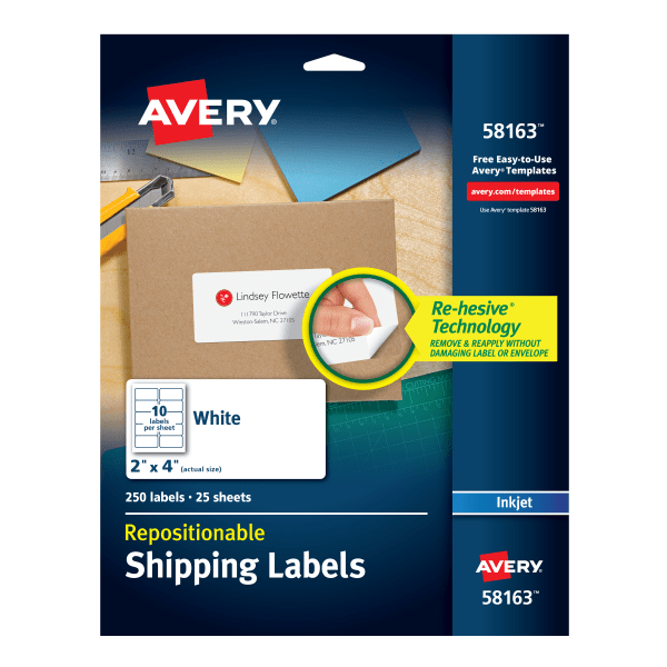 slide 1 of 8, Avery Repositionable Inkjet Shipping Labels, 58163, White, 250 ct; 2 in x 4 in